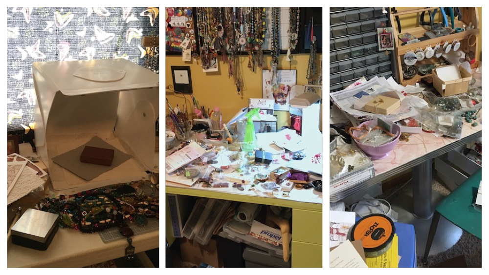 Picture showing three different studio spaces, all very messy.
